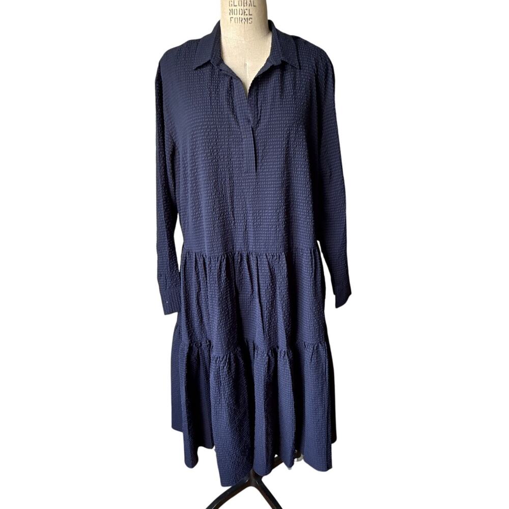 Nordstrom Seersucker Drop Waist Dress in Dark Blue Navy Size Large NEW